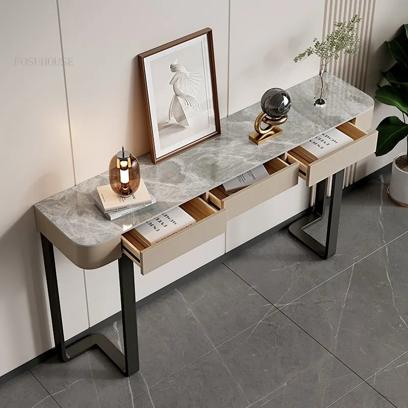 Italian Stone Plate Top Console Table with Drawer Minimalist Cabinet