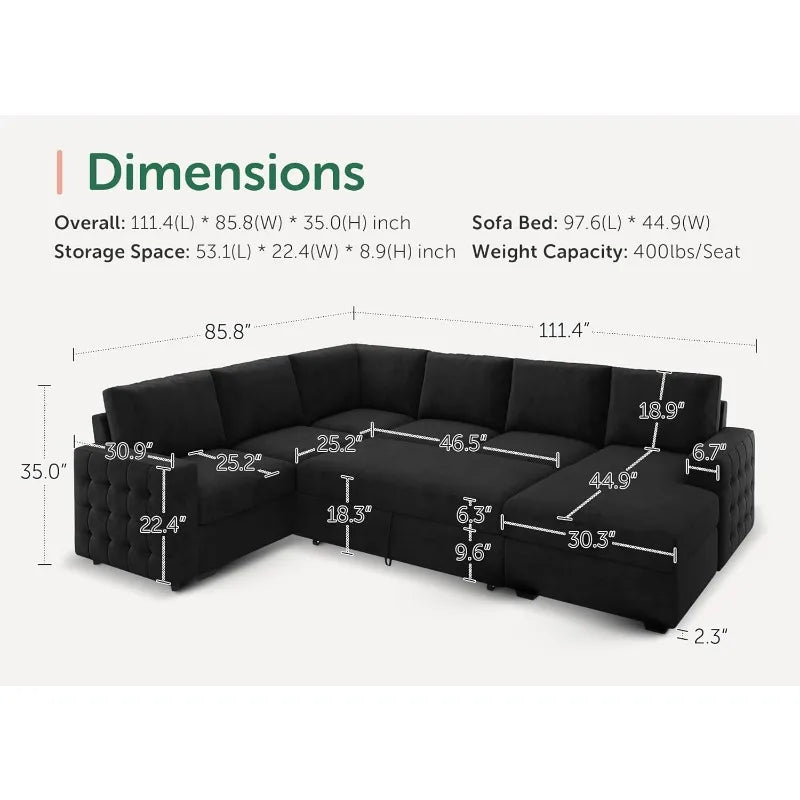 Sectional Sleeper Sofa, Velvet, storage, Chaise, U-shaped