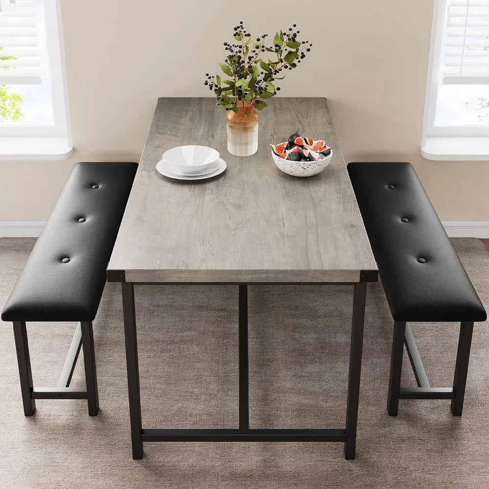 Rectangular  Table Set for 4,  2 Upholstered Benches