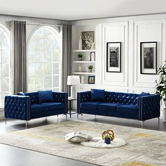 Blue Velvet 2-Piece  Set with Jeweled Buttons  Soft Linen Upholstery Square Arm Sofa and Loveseat