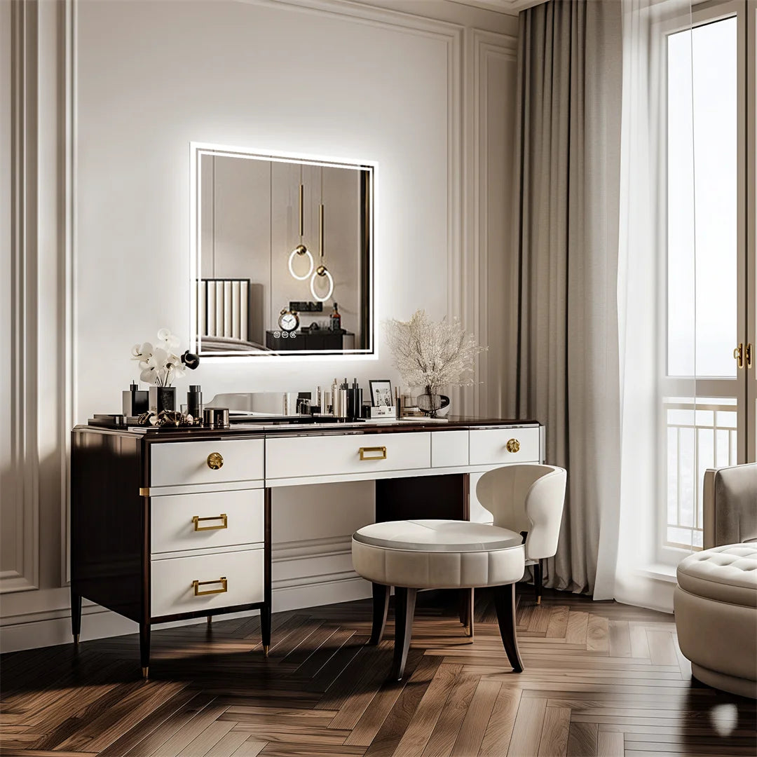 Wall Mounted Mirror Square LED Lighted Toilet , Washroom Sink , Dimming Defog Mirror for Shower , Shaving , Makeup