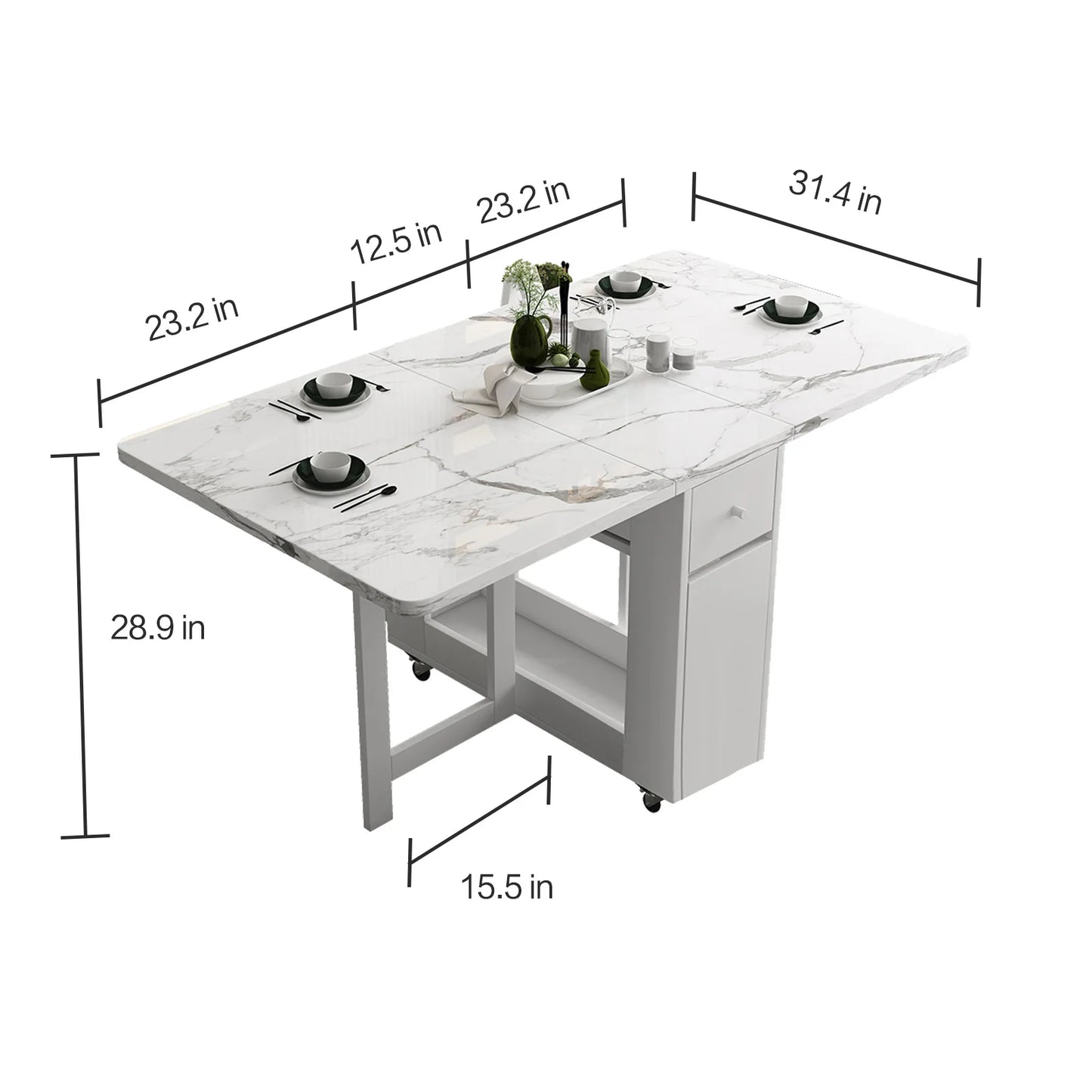 Dining Table with Storage Rack,  2 Drawers, Movable , Extendable Versatile /Foldable in 3 Forms