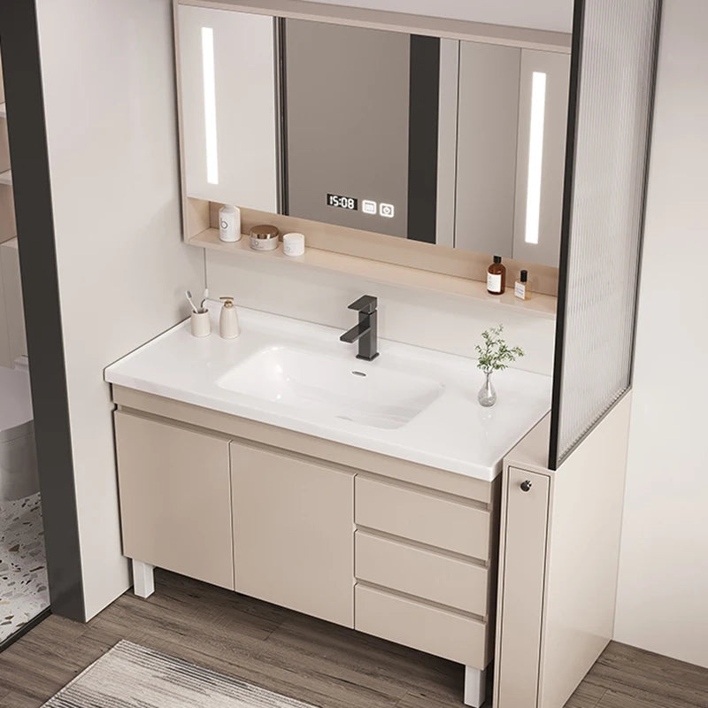 Solid Wood Cabinet Smart Light Mirror Ceramics Integrated Modern  Floor Toilet Wash