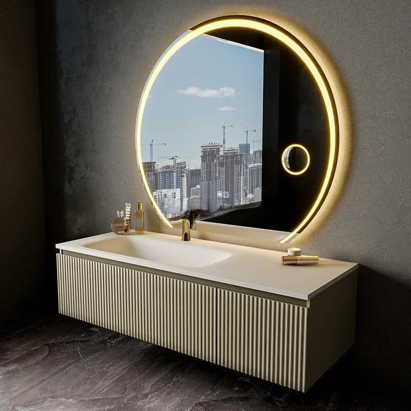 Light Luxury Oak  Cabinet LED Smart Mirror Slate Integrated  Vanity Sink
