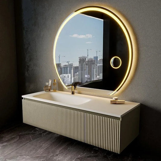 Light Luxury Oak  Cabinet LED Smart Mirror Slate Integrated  Vanity Sink