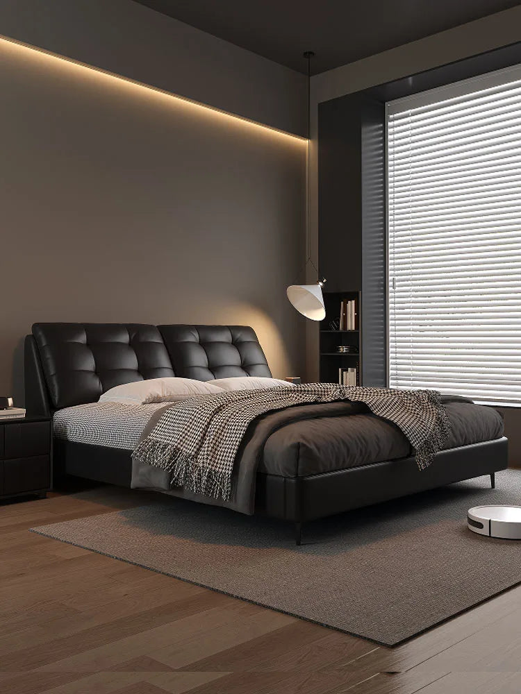 Nordic White Modern  Bed Simple Wooden King Size Leather Bed