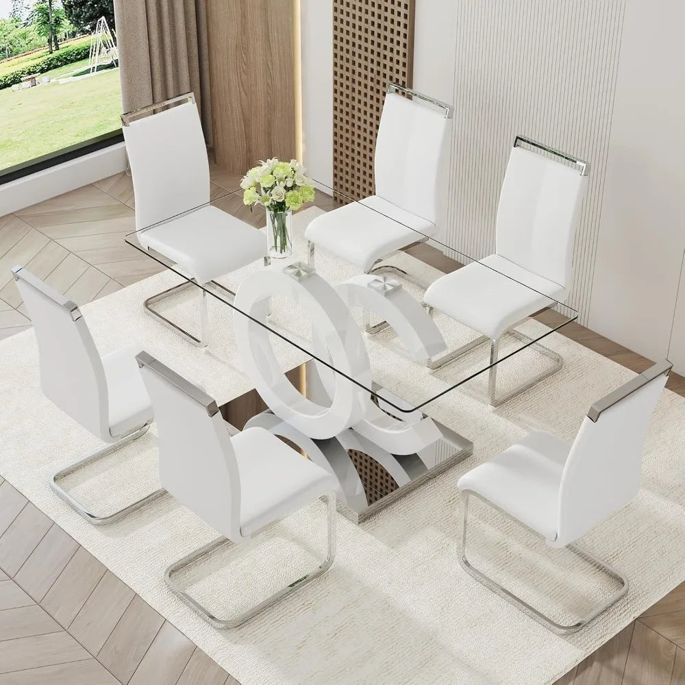 Glass Table Set for 6 ,7 Piece Set, Tempered Glass Top,  PU Leather,  Chairs ,Easy Assembly