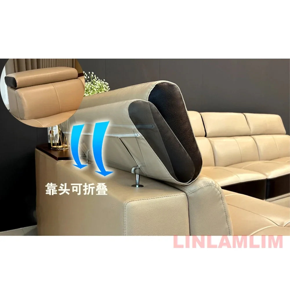MINGDIBAO Modern Minimalist Genuine  Italian Leather Sectional Sofa with Console, Storage and Speaker