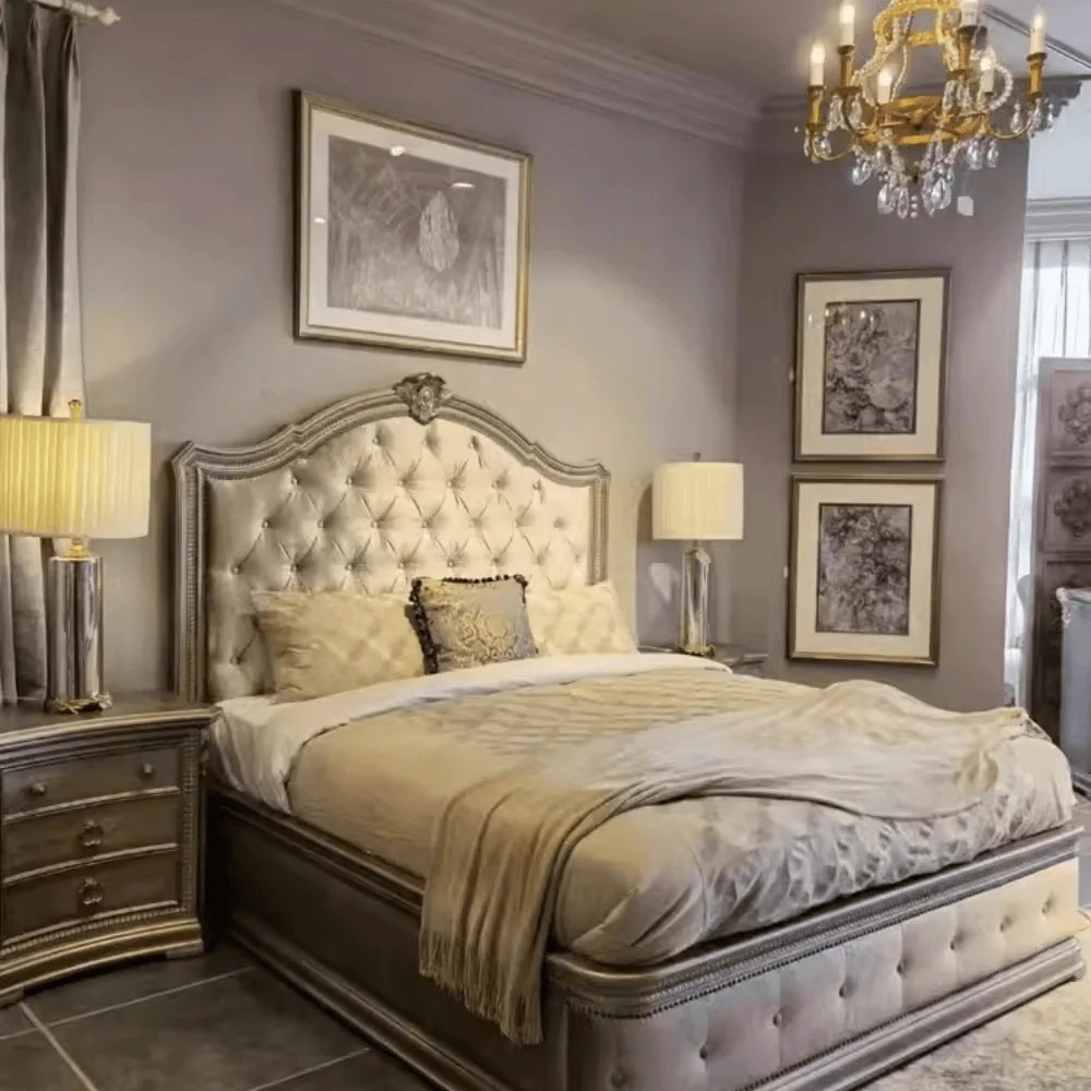 Modern Design Luxury Queen Size bed frame,  Space Saving Shelves