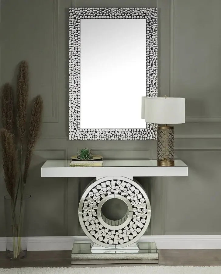 Luxury mirrored console table, crescent shaped foyer, family round wall mirror