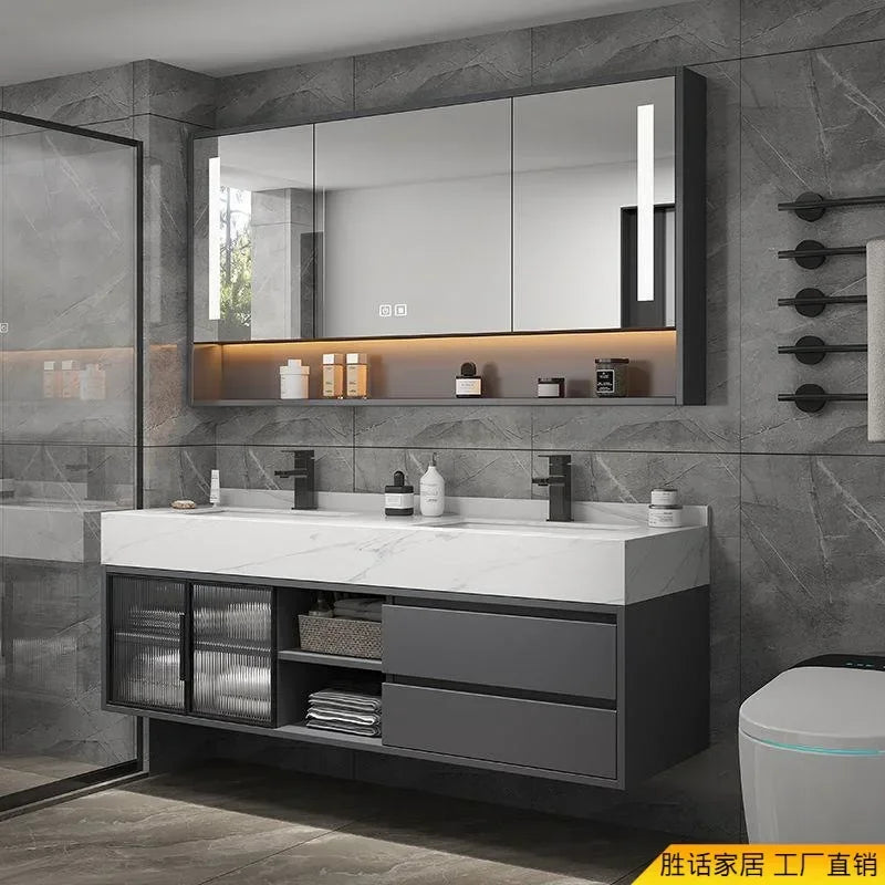 Slate Integrated Vanity Double Sink, Luxury cabinet, mirror,