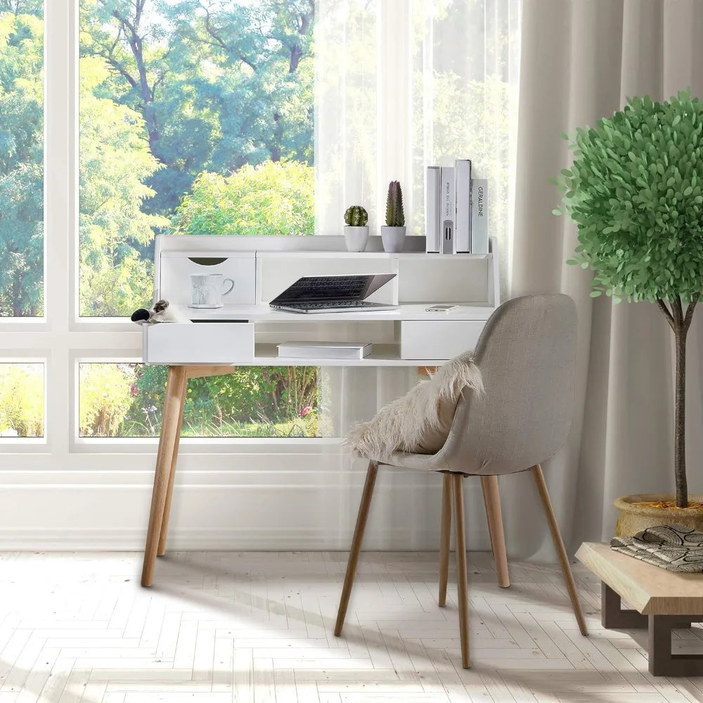 Computer Desk with Solid Wood Legs, Storage Drawers Open Shelves