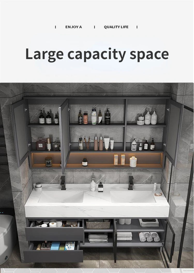 Slate Integrated Vanity Double Sink, Luxury cabinet, mirror,