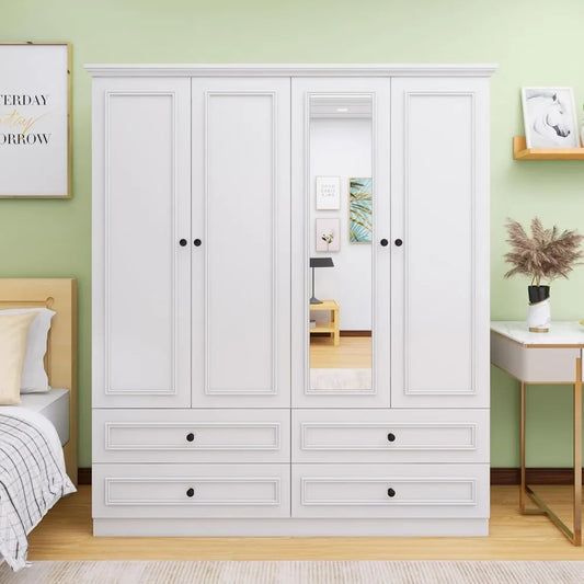 wood wardrobe with white mirror, 4 doors, 2 hanging poles, 4 drawers, large capacity  storage cabinet