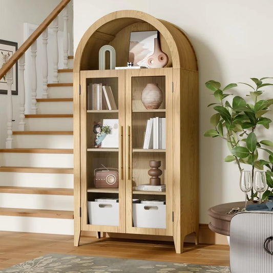 Elegant Arched Display Cabinet, 5-Tier Bookcase with Glass Doors & Adjustable Shelves