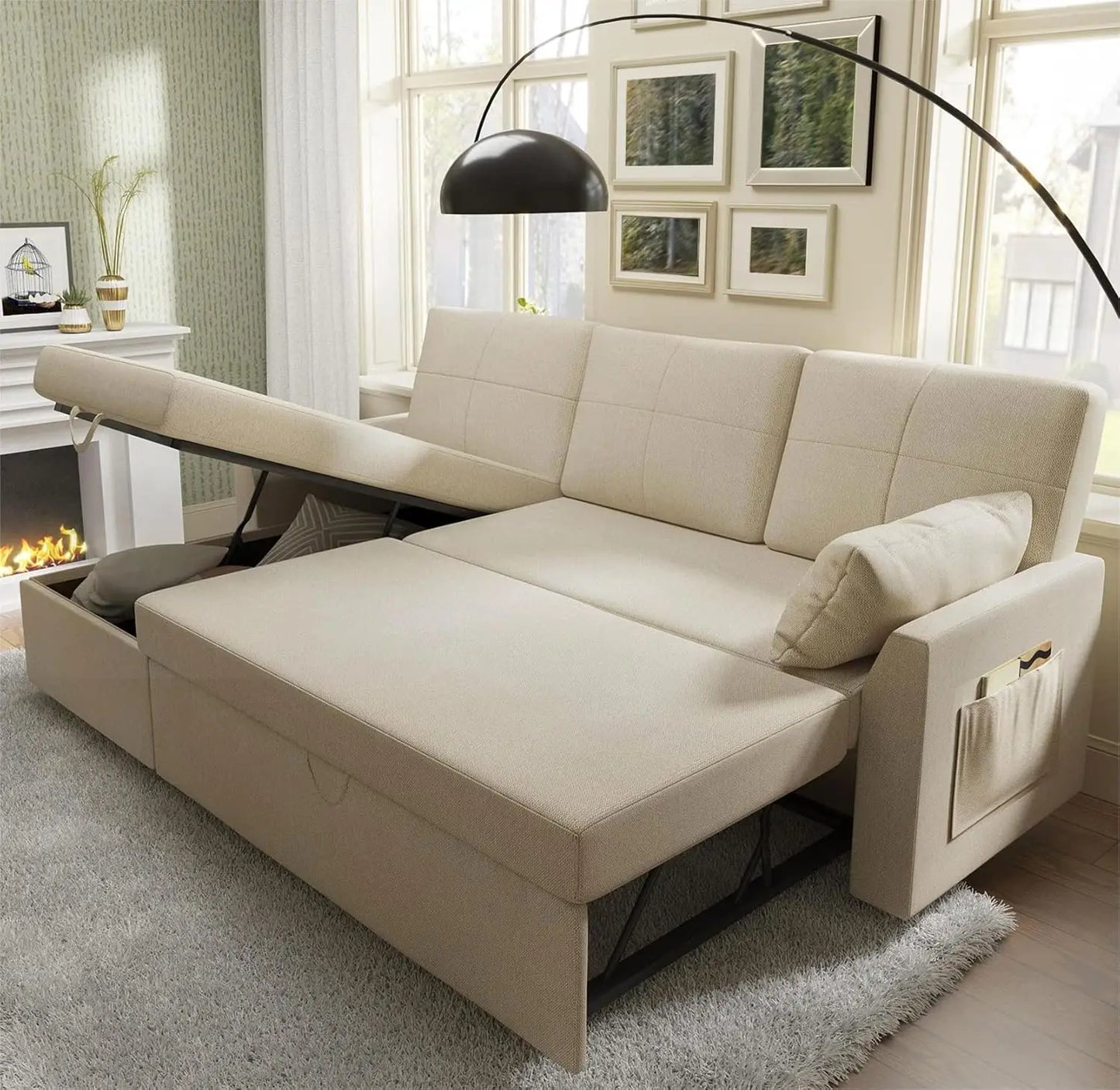 Sofa sleeper with storage,Beige Linen pullout  bed