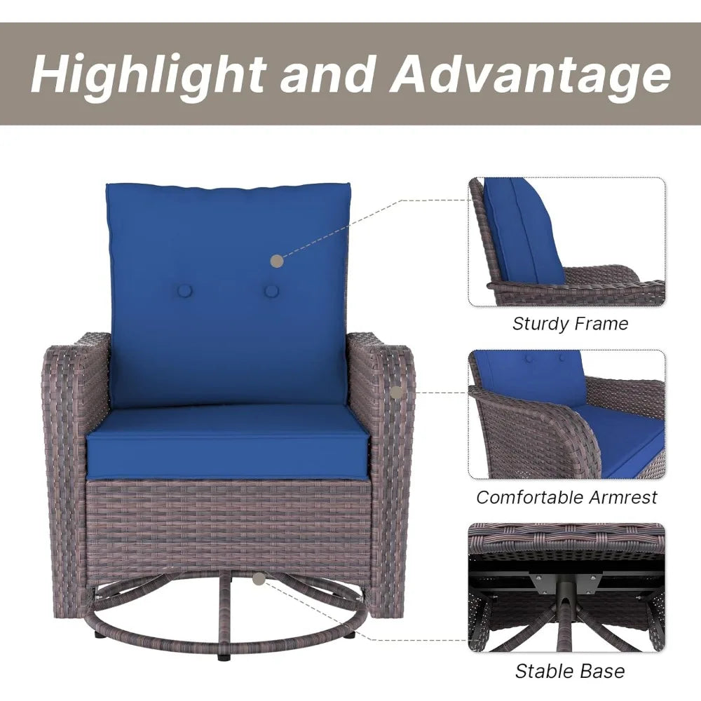 10 Piece Furniture Set w/ 2l Rocking Chairs and Gas Navy Blue Fire Pit