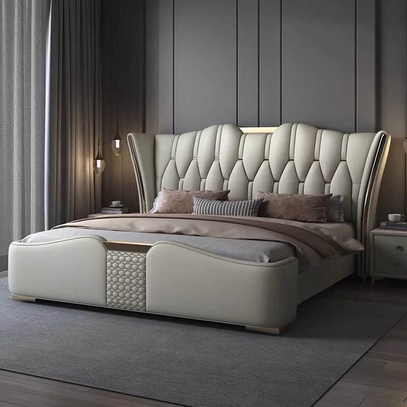 MINGDIBAO Luxury Modern Upholstered Bed Frame with Gold Accents, Genuine Leather Designer  Queen/King Size Bed