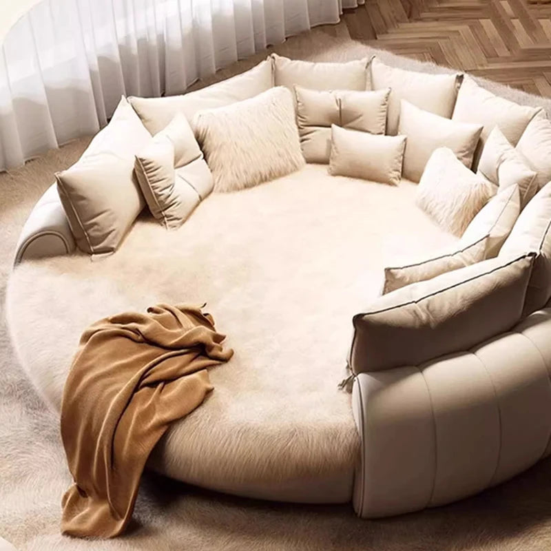 Unique Trendy Modern, Round Queen Bed Lounge Suite, White Cream ,