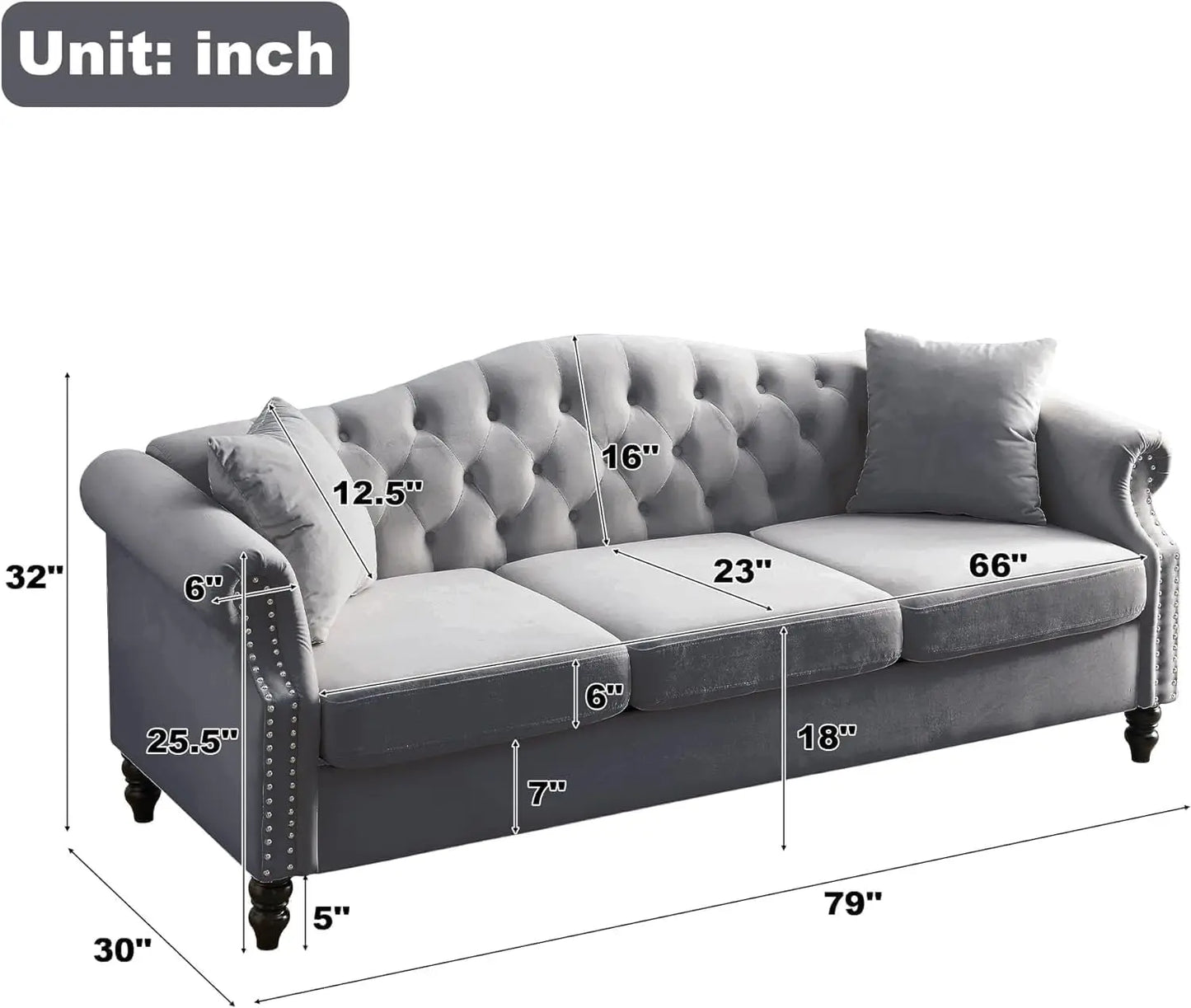 Chesterfield Velvet Sofa and Loveseat with Pillows. Rolled Arms Nailhead Trim Classic Design , 2-Seater