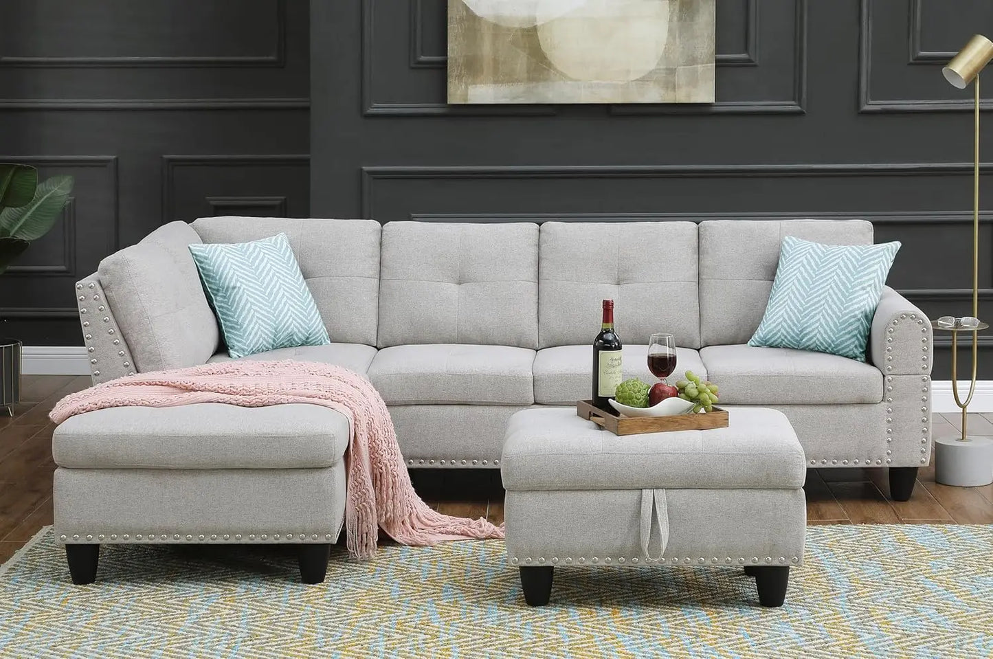 Grey  Modern L-Shaped sectional  Sofa W2 Pillows, upholstered ottoman, extra wide corner