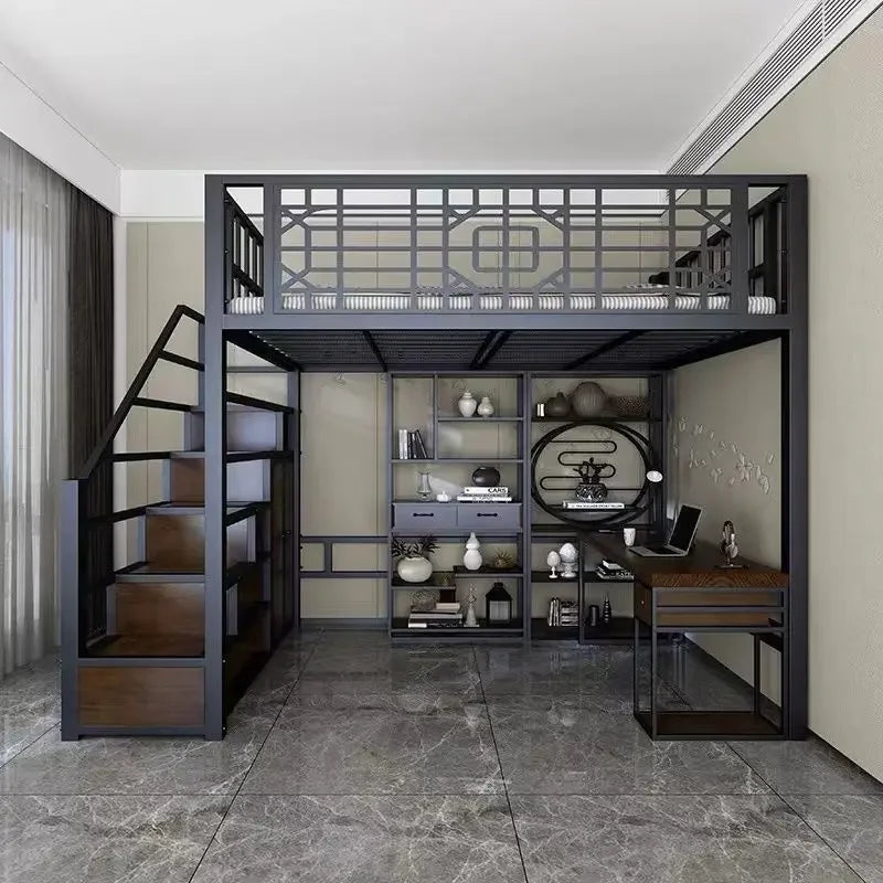 New Chinese-style loft Children's iron bed  frame elevated  upper floor