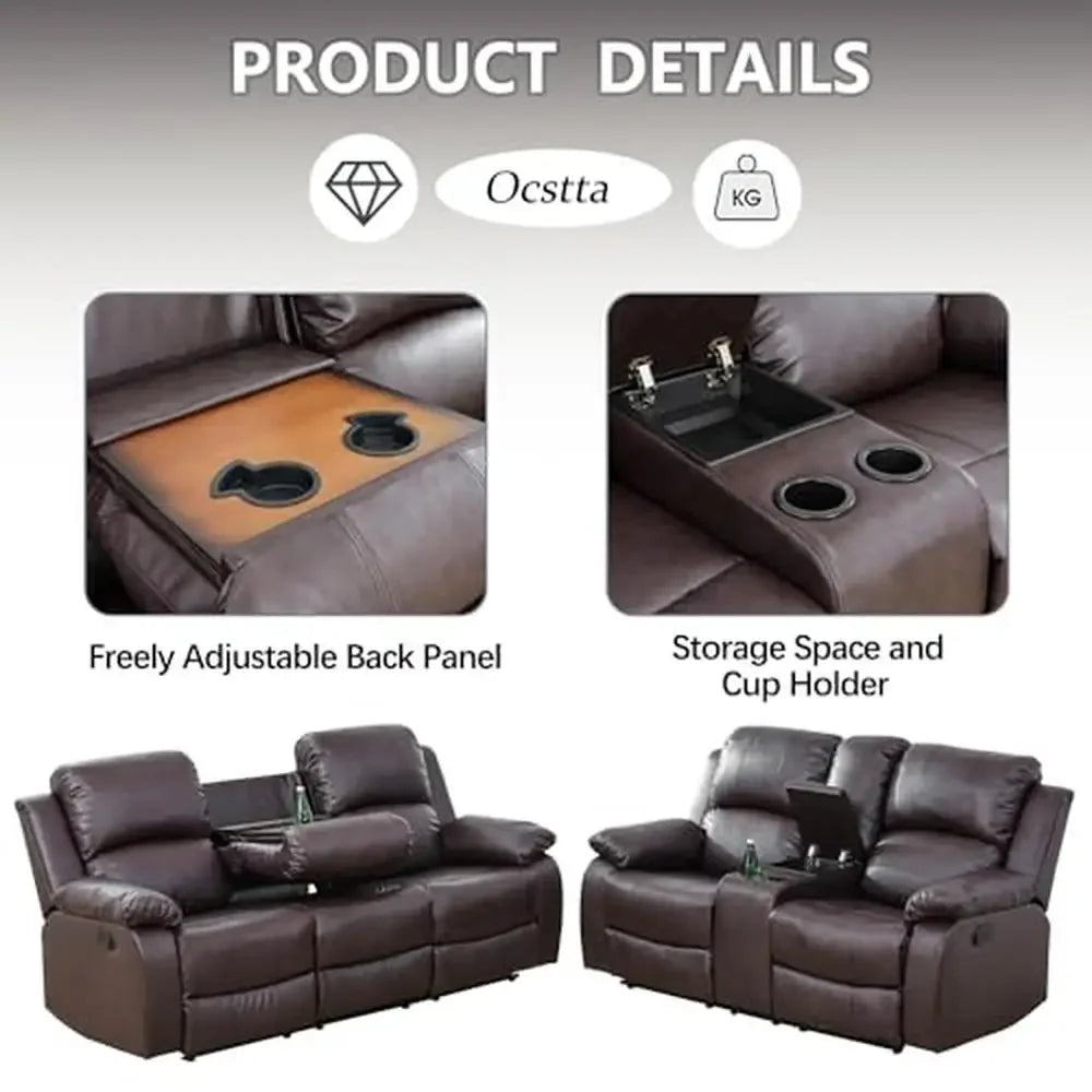3-Piece Leather Recliner Sofa Set  Manual Reclining Couch and Loveseat with Cup Holders Easy Assembly