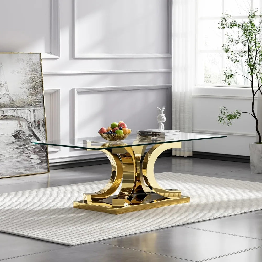 Glass Coffee Table with Gold 4C Stainless Steel Metal Leg, 47" Rectangular Clear Tempered Glass Center