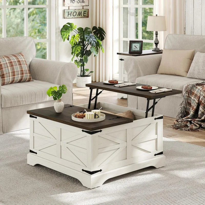 Lift Top Table,Square,  Wood Center Rustic, Cocktail White Moder, hidden storage