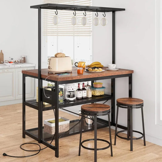 kitchen island table with Storage, Bakers Rack, Power Outlet, 3Tier Microwave Stand