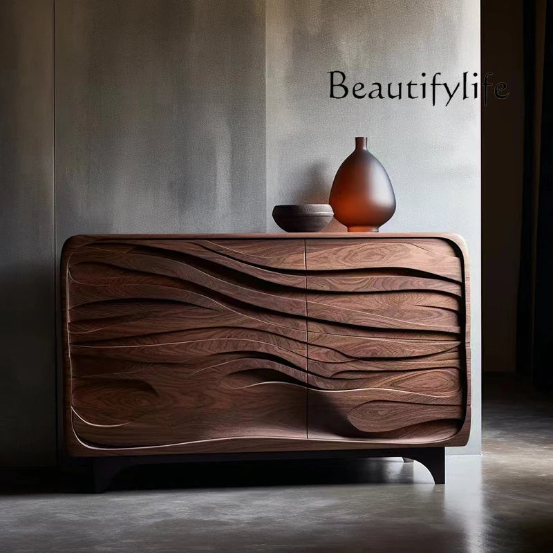 Nordic Retro Black Walnut Solid Wood Entrance Sideboard  Cabinet Designer Model Creative Upscale