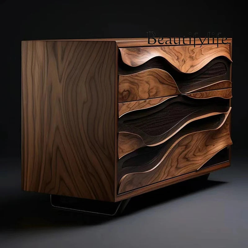 Nordic Retro Black Walnut Solid Wood Entrance Sideboard  Cabinet Designer Model Creative Upscale