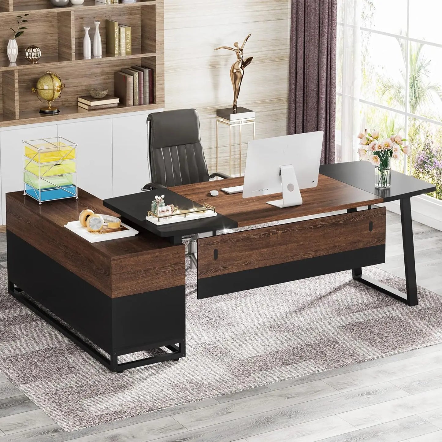 Executive and  Lateral File Cabinet, Large L-Shaped Desk with Storage Cabinet , Shelves