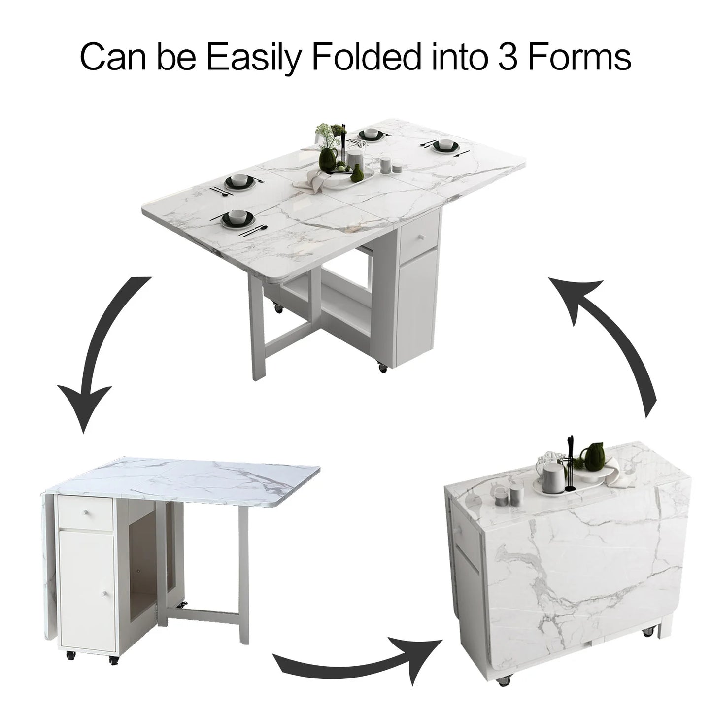 Dining Table with Storage Rack,  2 Drawers, Movable , Extendable Versatile /Foldable in 3 Forms