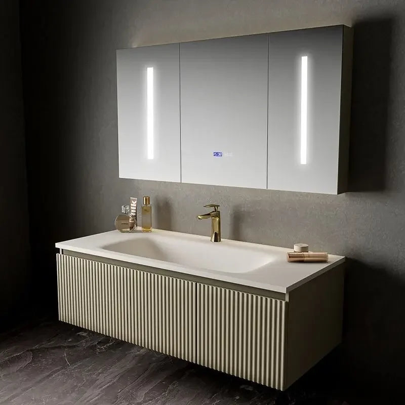 Light Luxury Oak  Cabinet LED Smart Mirror Slate Integrated  Vanity Sink