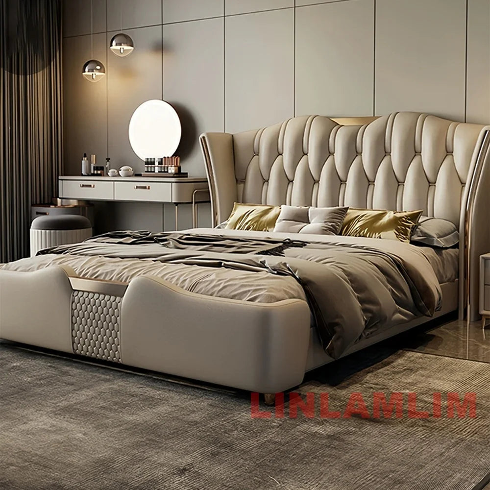 MINGDIBAO Luxury Modern Upholstered Bed Frame with Gold Accents, Genuine Leather Designer  Queen/King Size Bed