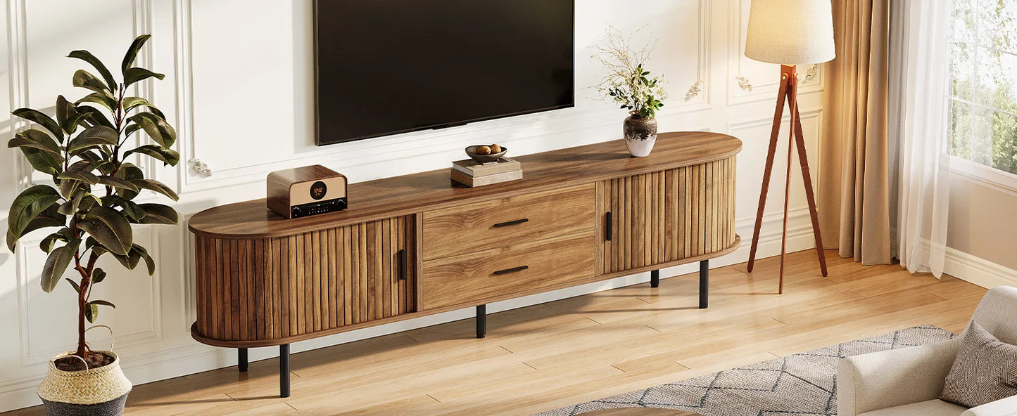 Tribesigns   Mid-Century Modern TV Stand with Sliding Tambour Door, Drawers and Adjustable Shelves, Long Fluted