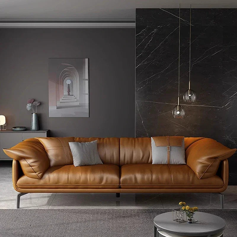 Nordic Simple Soft Sofa  Vintage Brown Girl 3 Seater Designer Leather Love Seat