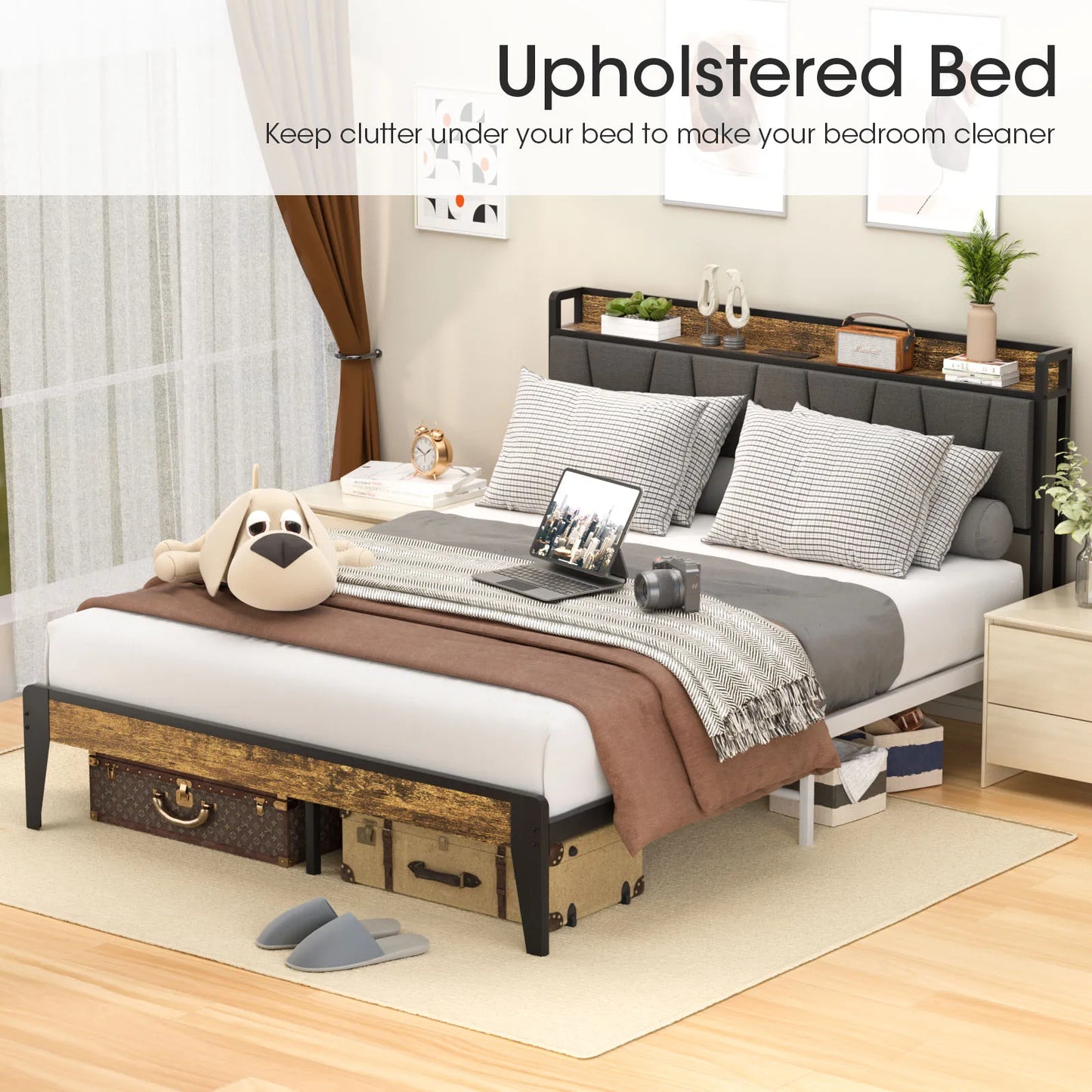 Queen Size Bed Frame, Storage Headboard ,Charging Station,  Retro Design