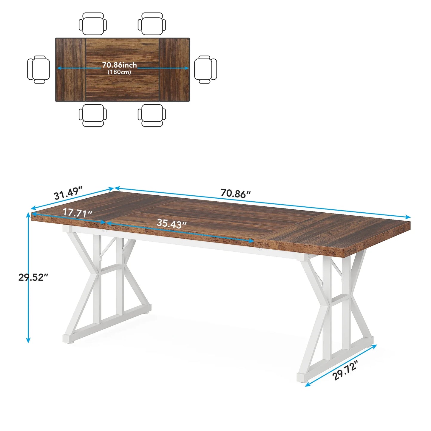 Rectangular Wood  Table, Rustic with Heavy Duty Metal Legs for 6 people