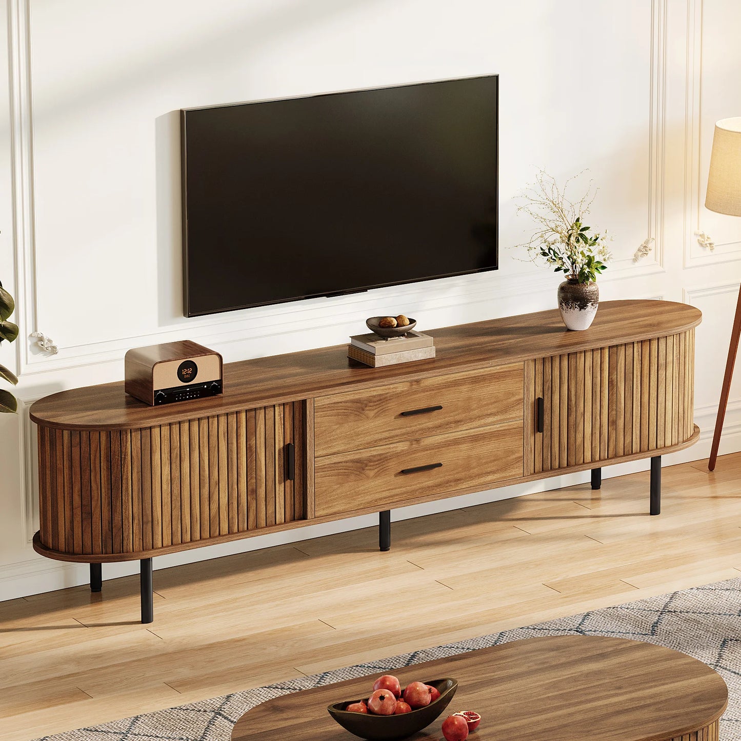Tribesigns   Mid-Century Modern TV Stand with Sliding Tambour Door, Drawers and Adjustable Shelves, Long Fluted