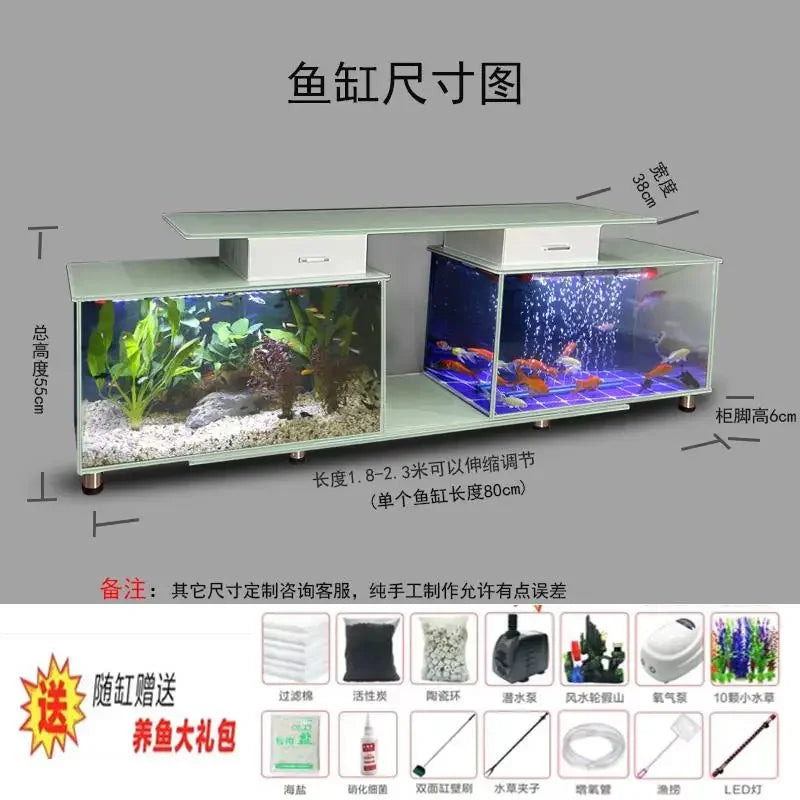 Household TV cabinet fish aquarium ,ultra white , glass table, water-free, double tank