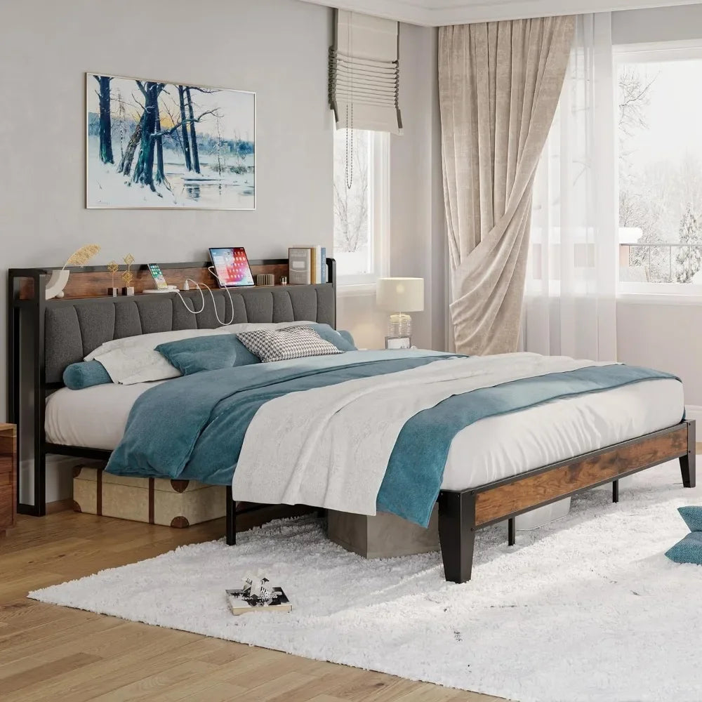 California king size bed frame, storage headboard with charging station,