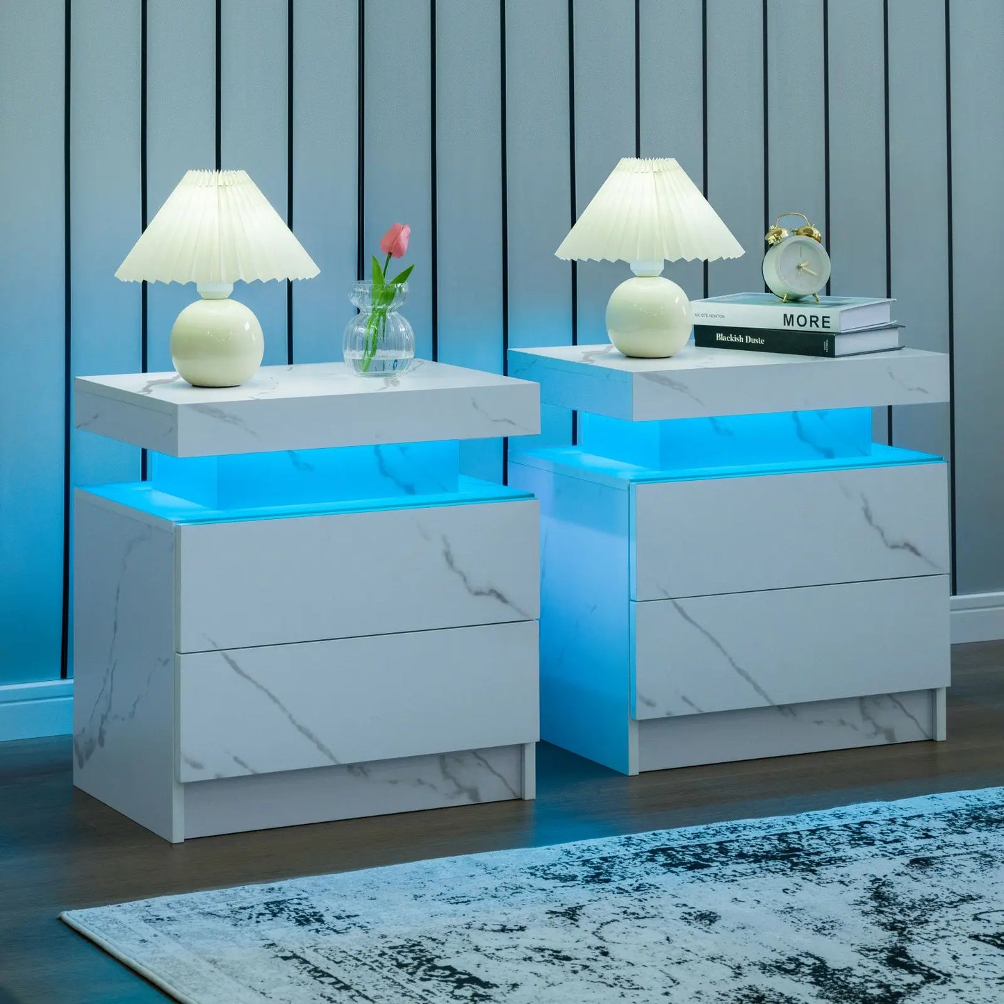 Set of 2 nightstands with LED lights with 2 drawers, bedside table with drawersSet