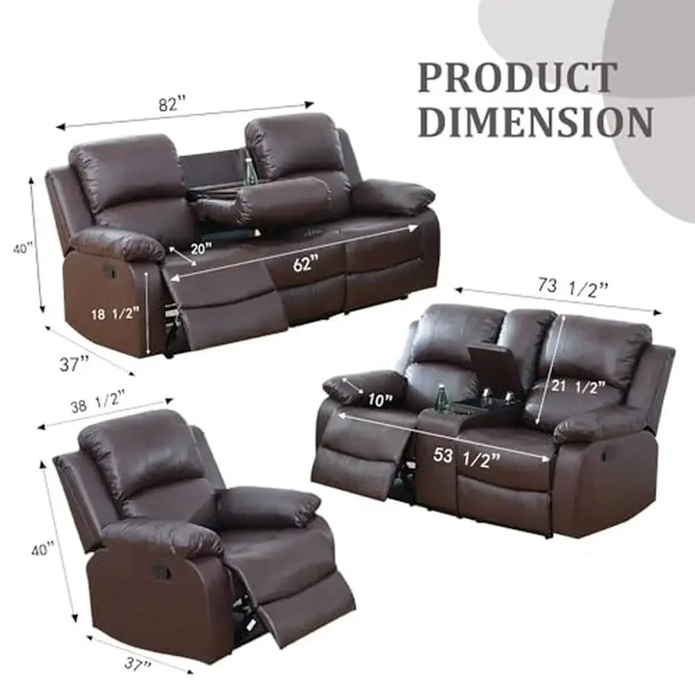 3-Piece Leather Recliner Sofa Set  Manual Reclining Couch and Loveseat with Cup Holders Easy Assembly