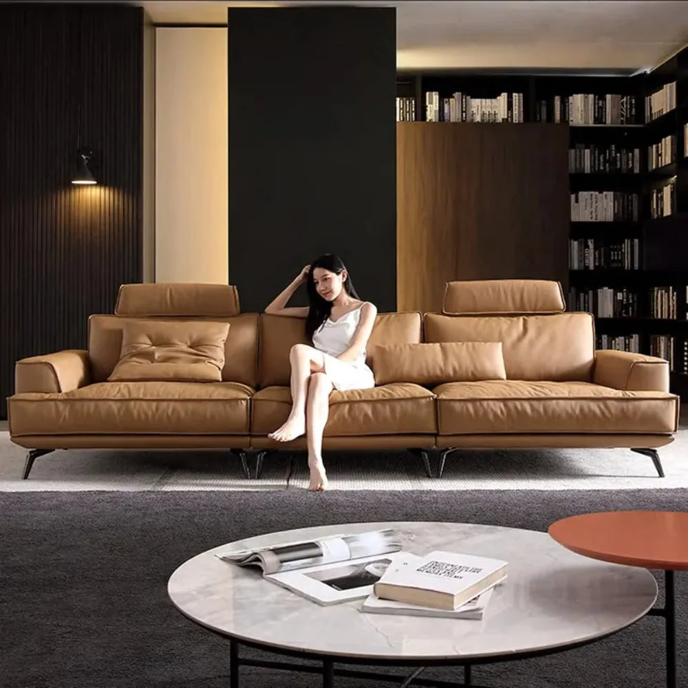 Italian-Style High End wood frame sofa set ,Full Genuine Cowhide Leather  Modern Luxury Design for Large Villa