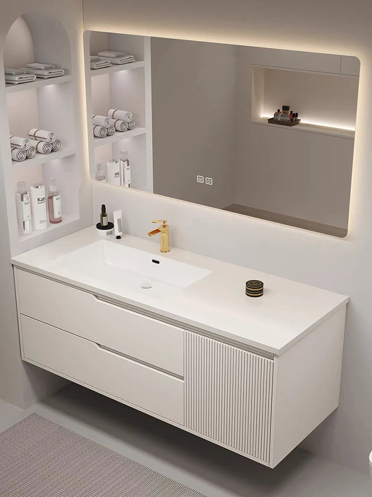 Lacquered Slate Vanity With Sink  Combination Oak Cabinet and Mirror Seamless Integrated Basin Sink