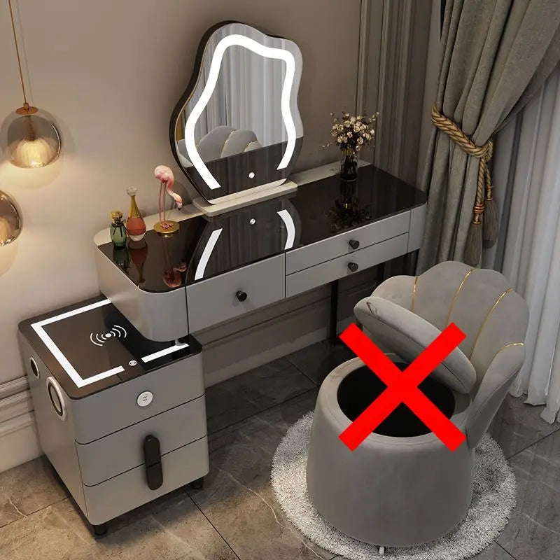 Nordic Vanity Glass Luxury table with charging wireless, nightstand with cloud mirror