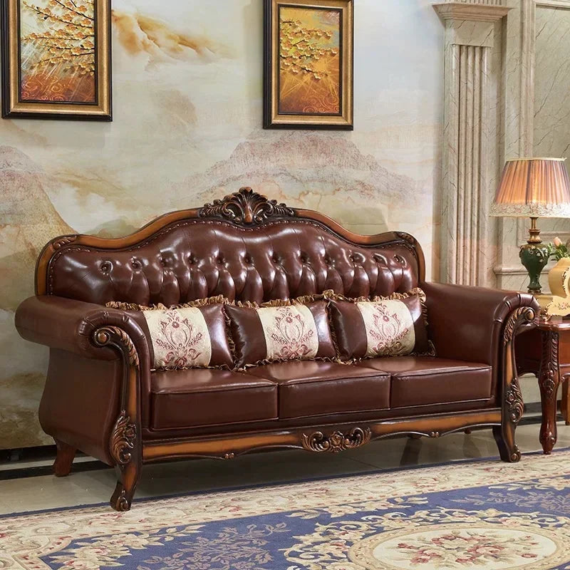 Nordic  Leather Brown Sofa Set Luxury European Design Modern Style Sofa Full Set  3 Seater