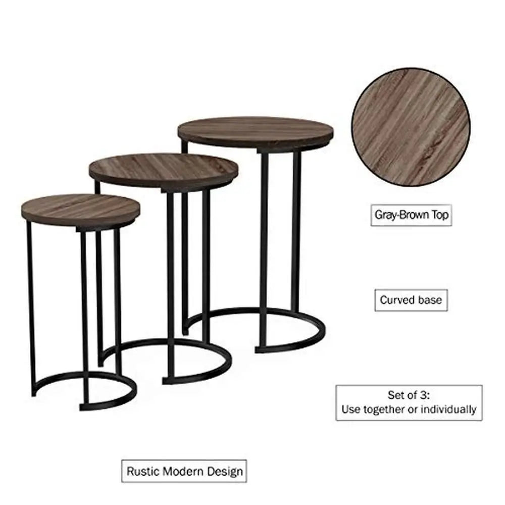 3-Piece Nesting Round  End Tables  Gray-Brown Woodgrain-Look Metal Base